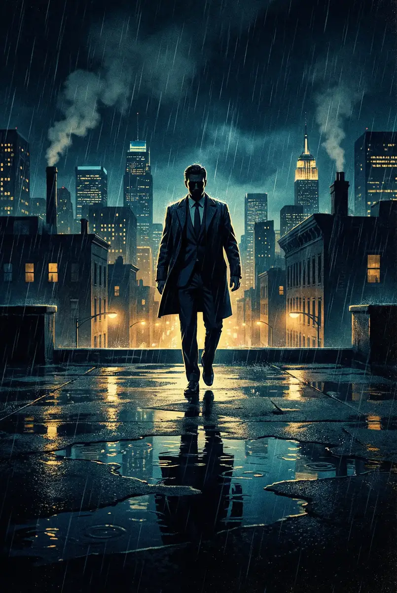 月光影视在线观看免费 出品影片《雨夜独行者》海报，雨中城市屋顶男性剪影